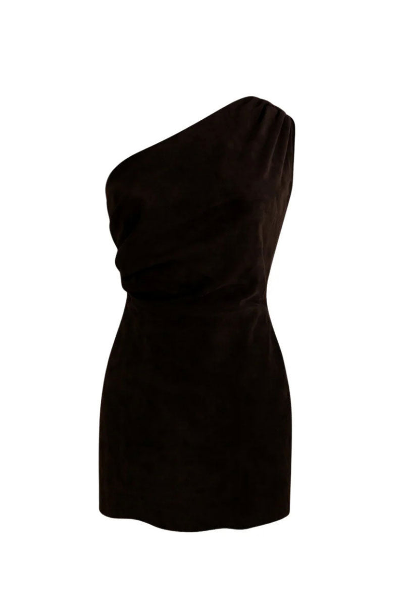 ZUT Matriarca mini dress in chocolate color, stylish short dress with a fitted silhouette, perfect for casual or semi-formal occasions.