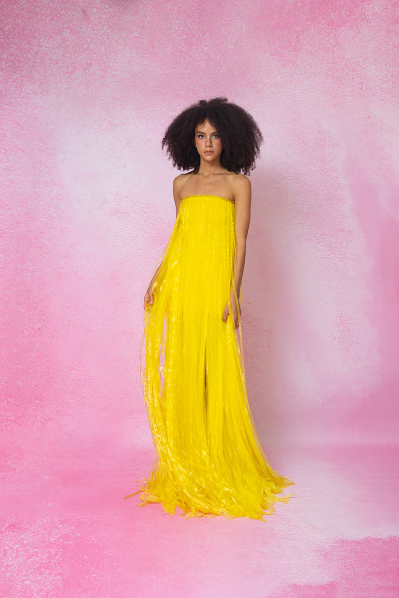 MAXI ALL OVER FRINGED DRESS IN YELLOW