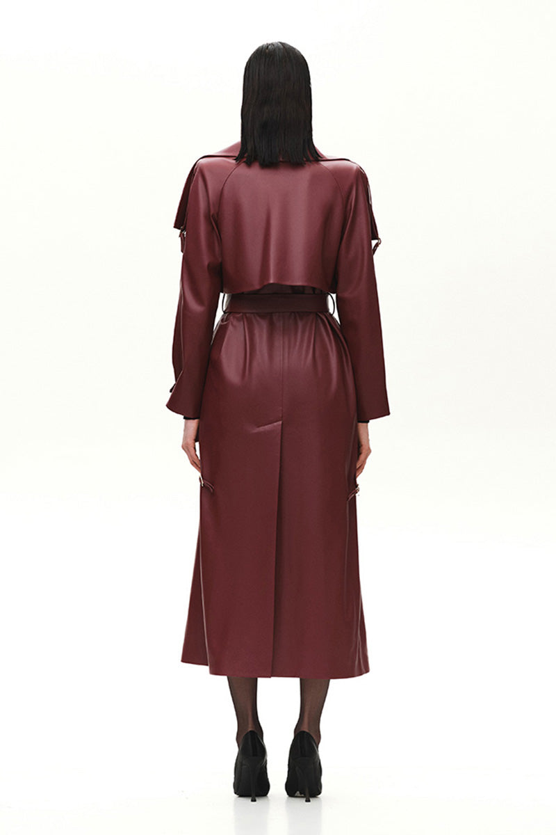 Kris Marán vegan leather maxi trench coat in burgundy with buckles, long coat featuring a stylish back view.