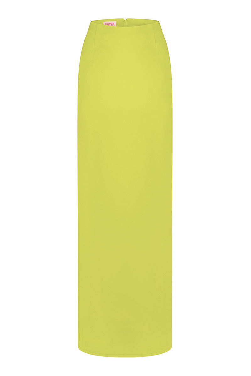 Sayya lime maxi skirt with flowing fabric and high waist, perfect for casual or dressy summer outfits.