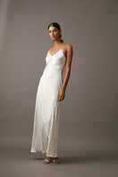 Elegant MASTANI Maxi Slip in Pearl, a long satin dress with a sleek silhouette and pearl accents, perfect for formal occasions.