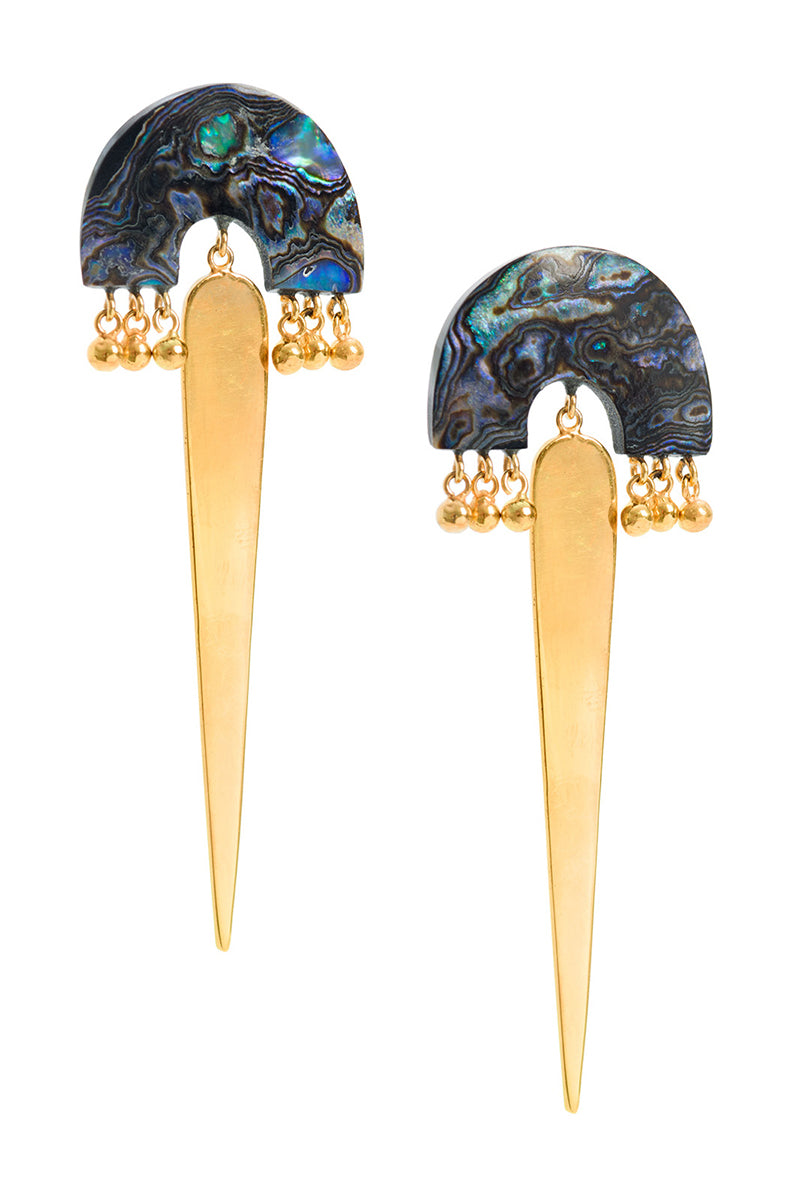 Freya Rose Maya earrings with paua shell inlay, featuring elegant dangle design and intricate silver detailing.