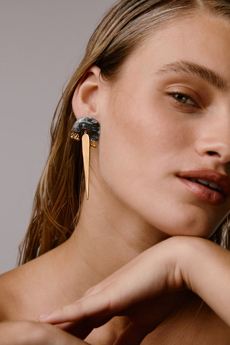 Freya Rose Maya earrings featuring Paua shell and intricate silver design, elegant jewelry for special occasions.