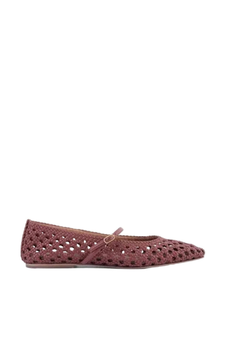 A pair of AERA Maya Paprika intrecciato flats with woven textured design and slip-on style in a vibrant paprika color.