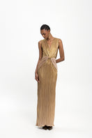 Maylé Vásquez ORO Maxi Dress showing flowing fabric and stylish design, perfect for elegant summer or evening wear.
