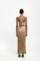 Maylé Vásquez DORADO Maxi Dress featuring flowing fabric and vibrant gold color, perfect for elegant summer occasions.