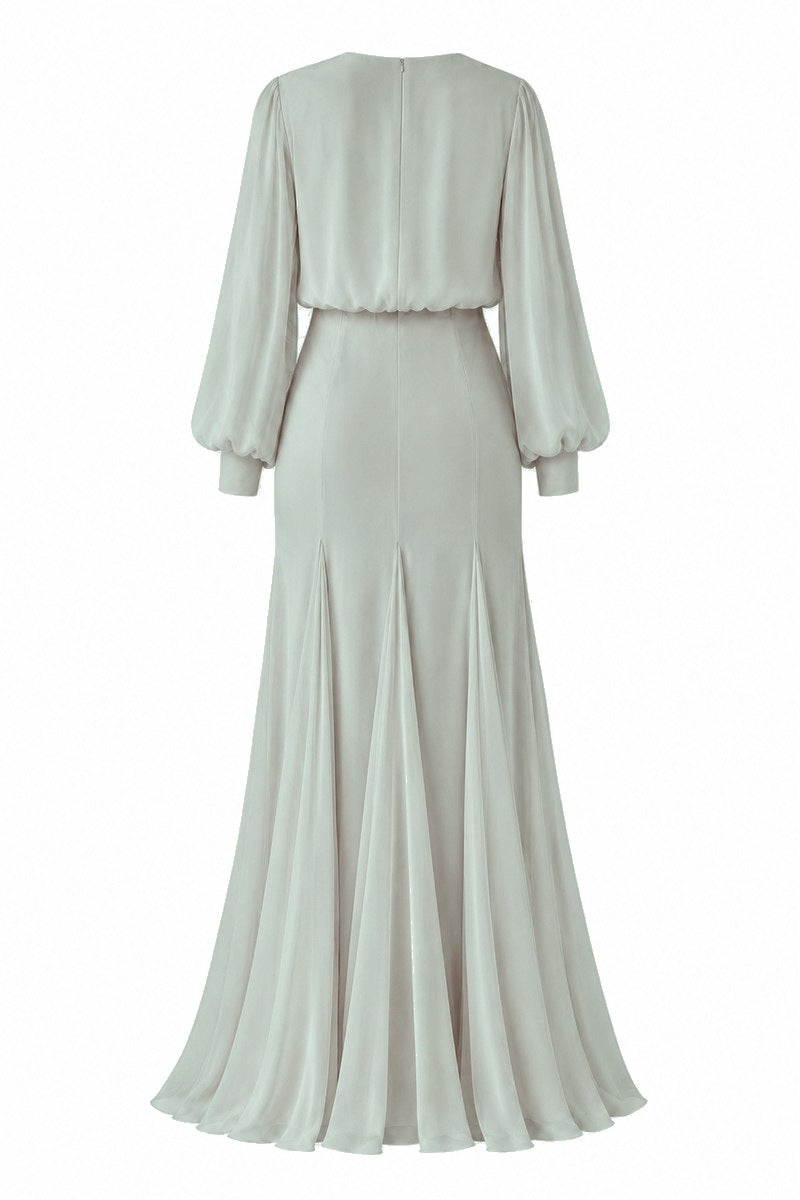 Green Nihan Peker MAYSA gown with elegant draping and long sleeves, perfect for formal occasions.