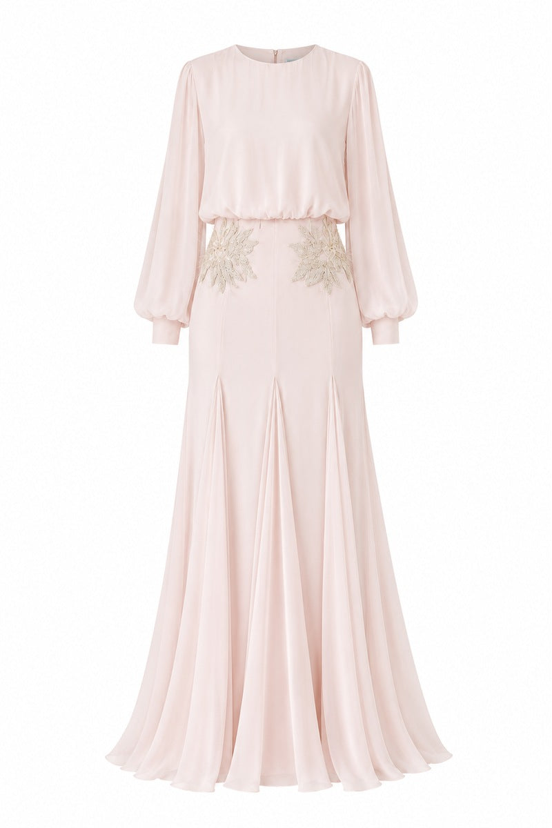 Light pink Nihan Peker Maysa gown with elegant flowy fabric and subtle detailing, perfect for formal occasions.