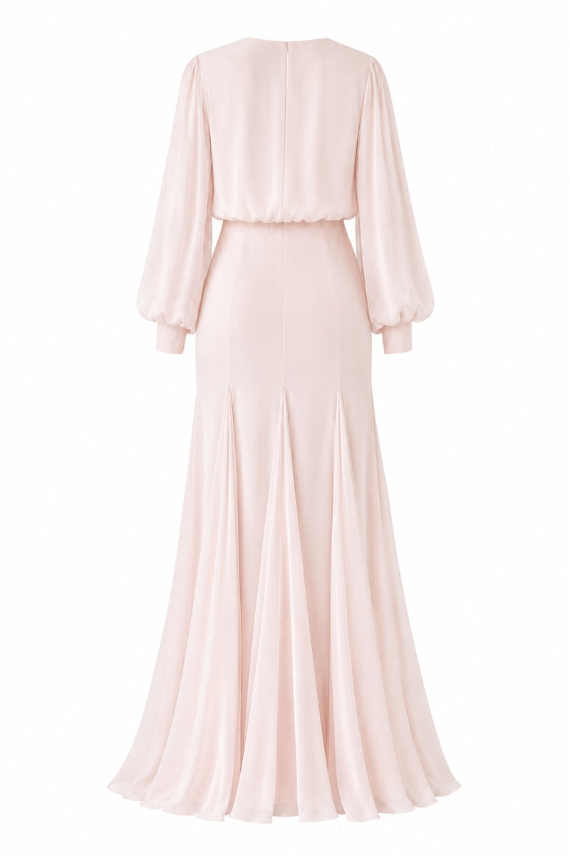 Light pink Maysa gown by Nihan Peker featuring elegant draping and a flowing silhouette.
