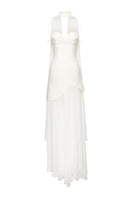 White MEA mini dress by MATTERS featuring chiffon fabric, shown in a full-length style with flowing design.
