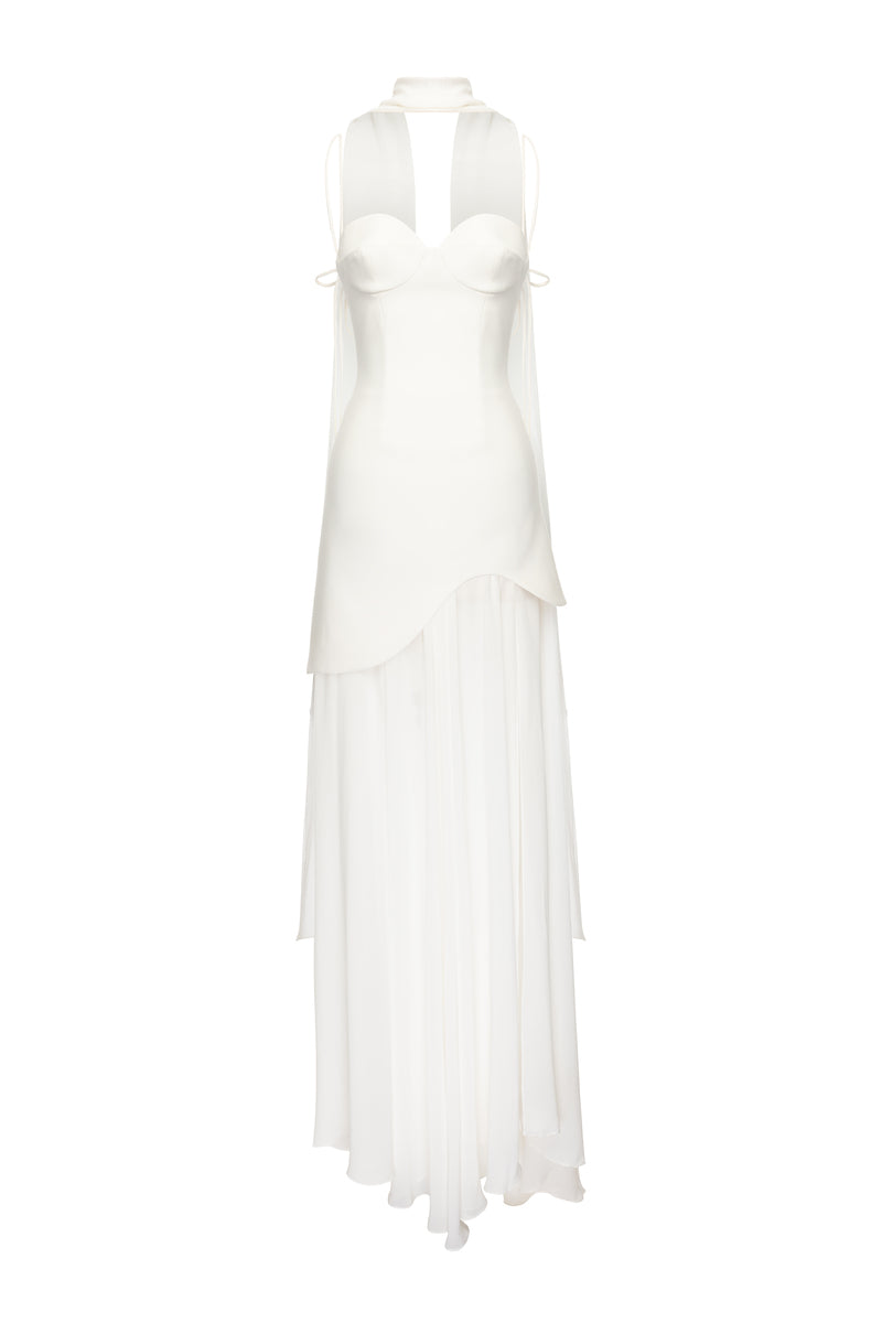 White MEA mini dress by MATTERS featuring chiffon fabric, shown in a full-length style with flowing design.