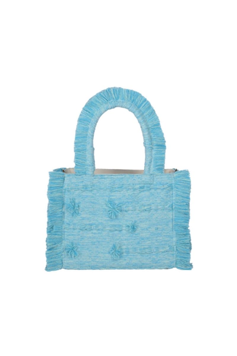 Bani Medium Poka Bali top handle bag in natural woven material with rounded shape and sturdy leather handles.