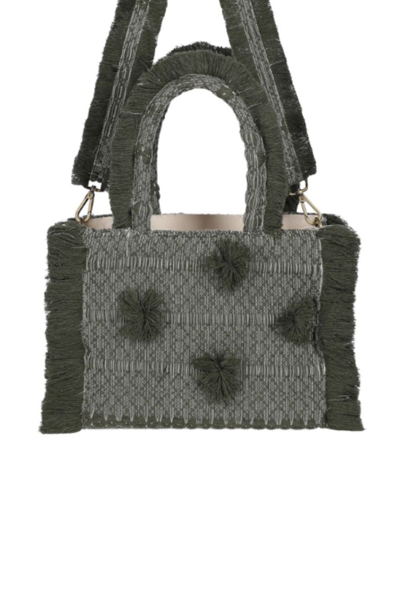 Medium olive green Poka top handle bag by Bani, featuring a stylish design and sturdy handle for everyday use.