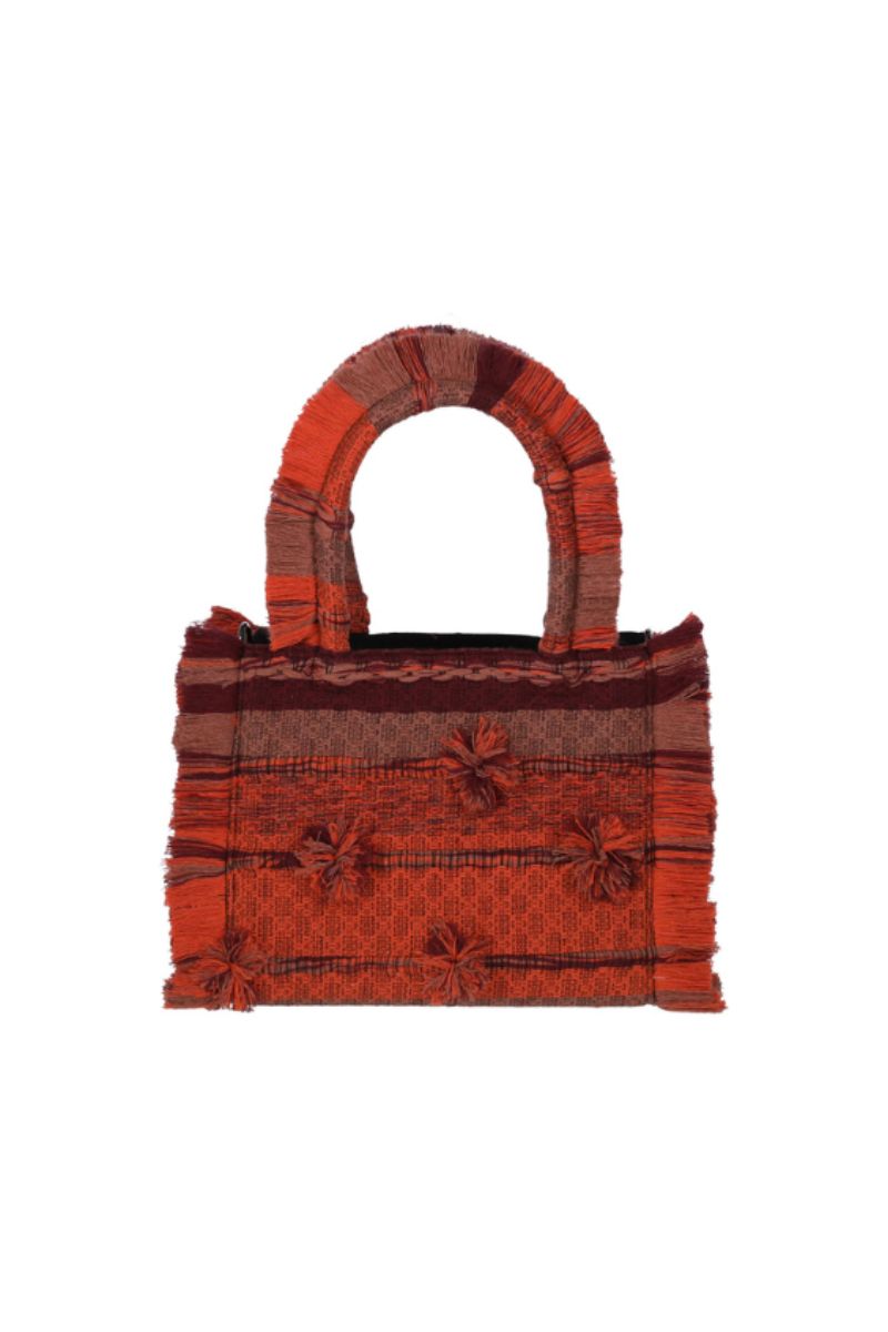 Medium Bani Poka organza top handle bag featuring a structured design and elegant fabric with a short handle.