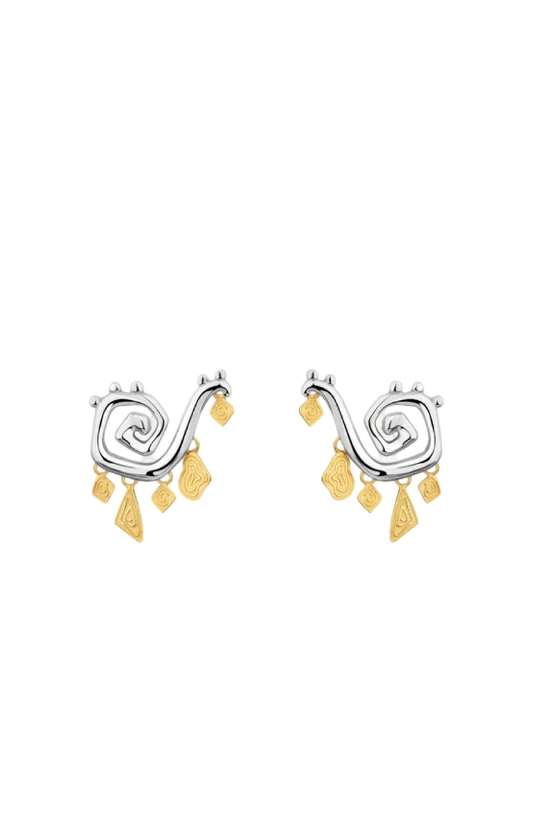 Jude Benhalim Medusa earrings featuring detailed snake head design in gold-tone metal, hanging from elegant hooks.