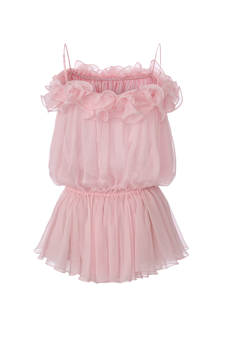 Nana Jacqueline pink mini dress named Melody with floral petal design, shown from the back.