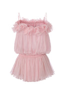 Nana Jacqueline pink Melody mini dress with floral petal pattern, back view showcasing stylish design and vibrant color.