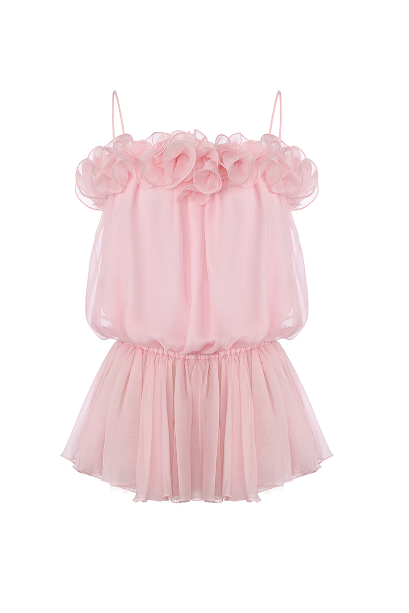 Pink Melody Dress by Nana Jacqueline, a stylish mini dress with a floral petal design, shown from the front.