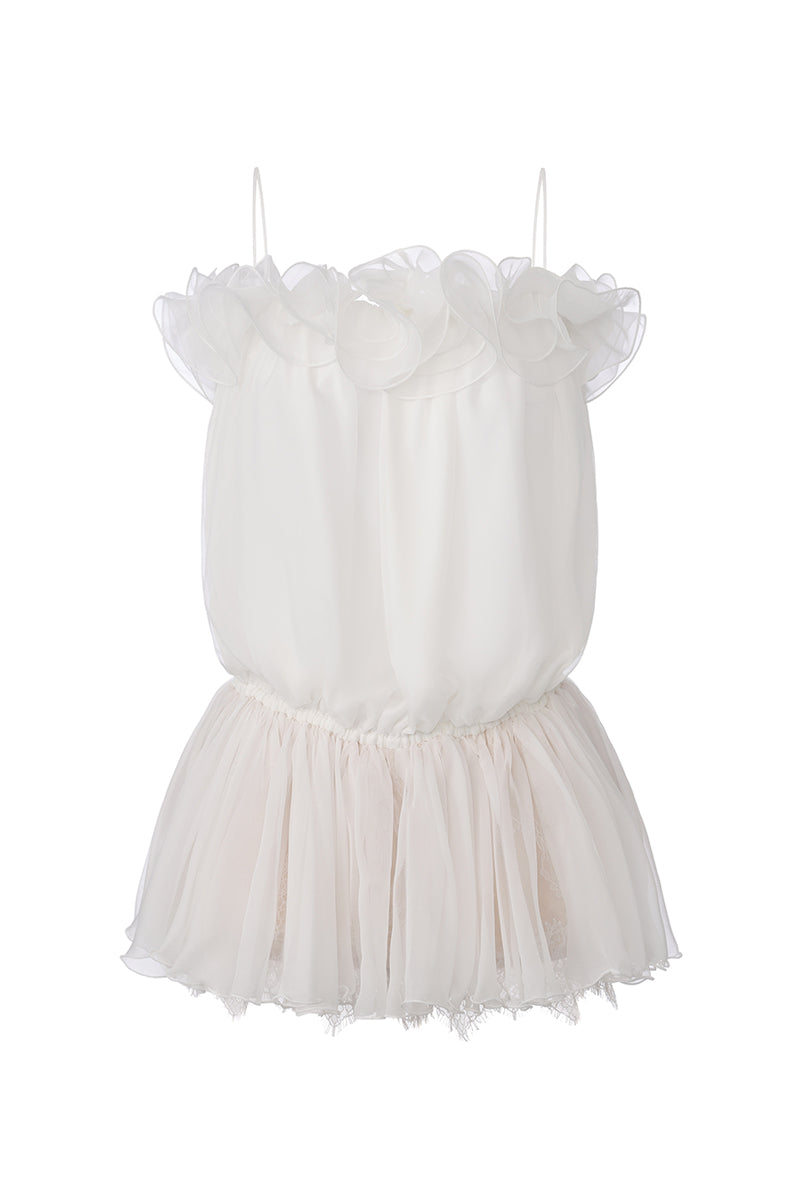 White Melody Dress mini dress by Nana Jacqueline shown from the front, featuring a stylish and elegant design.