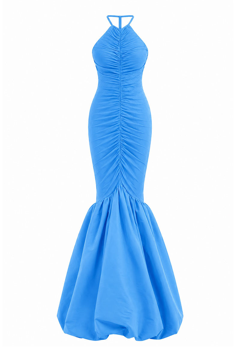 Ice blue Mencia gown by Maylé Vásquez featuring elegant fabric and flowing design for formal occasions.