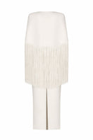 White Nana Gotti Bianca maxi dress displayed on a hanger with back view, showcasing elegant design and flowing fabric.
