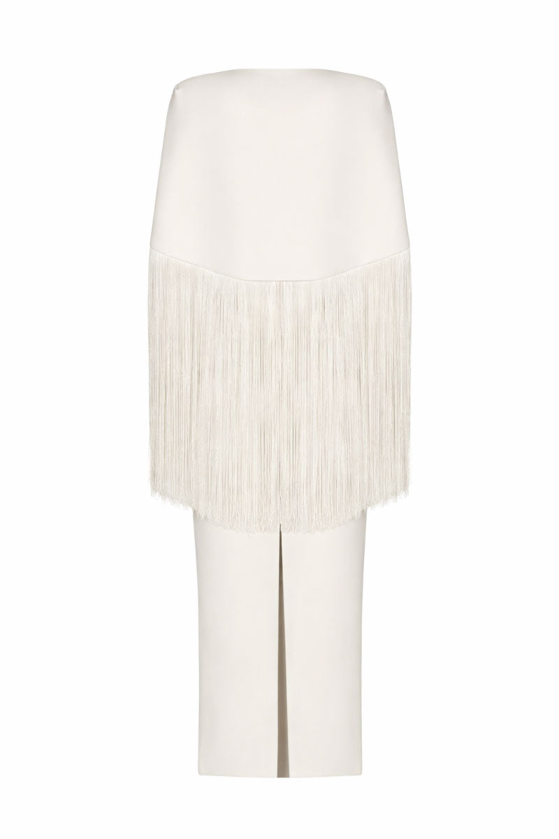 White Nana Gotti Bianca maxi dress displayed on a hanger with back view, showcasing elegant design and flowing fabric.