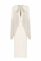 White Nana Gotti Bianca maxi dress front view, flowing fabric, elegant design, sleeveless style, perfect for summer or formal occasions.