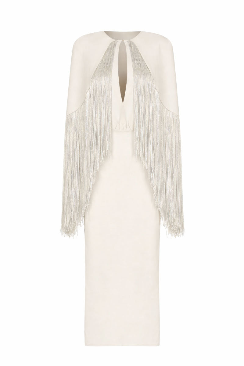 White Nana Gotti Bianca maxi dress front view, flowing fabric, elegant design, sleeveless style, perfect for summer or formal occasions.