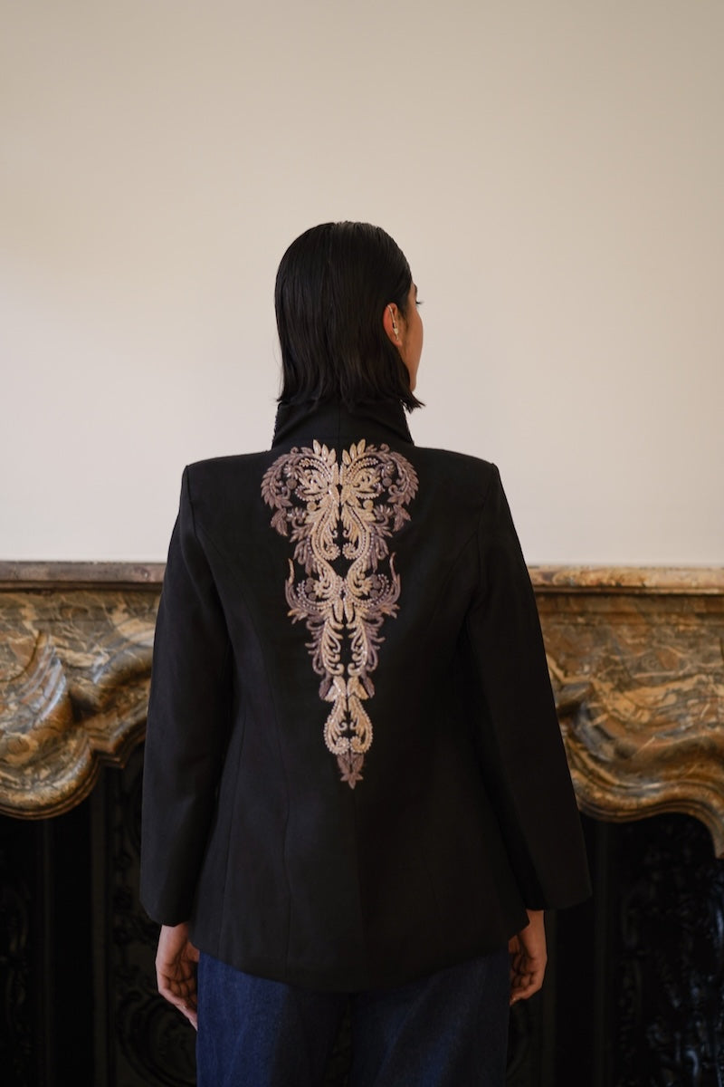 Nadya Shah Mercurial Jacket shown from the back, stylish jacket with a sleek design and modern fit.