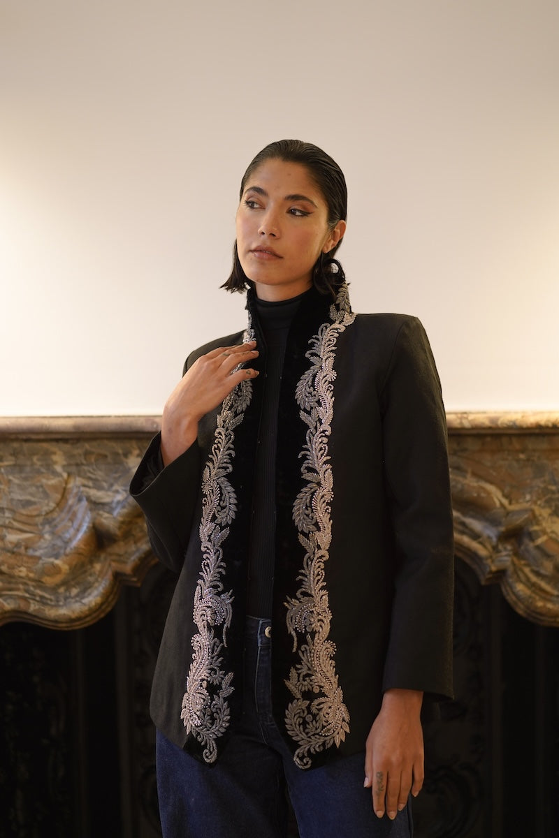 Nadya Shah Mercurial Jacket front view showing sleek design, lightweight fabric, and modern style suitable for casual wear.