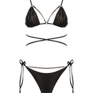 Black shiny Meri bikini set by Maliluha, featuring a stylish two-piece design with adjustable straps and minimal coverage.
