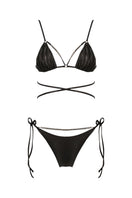 Black shiny Meri bikini set by Maliluha, featuring a stylish two-piece design with adjustable straps and minimal coverage.
