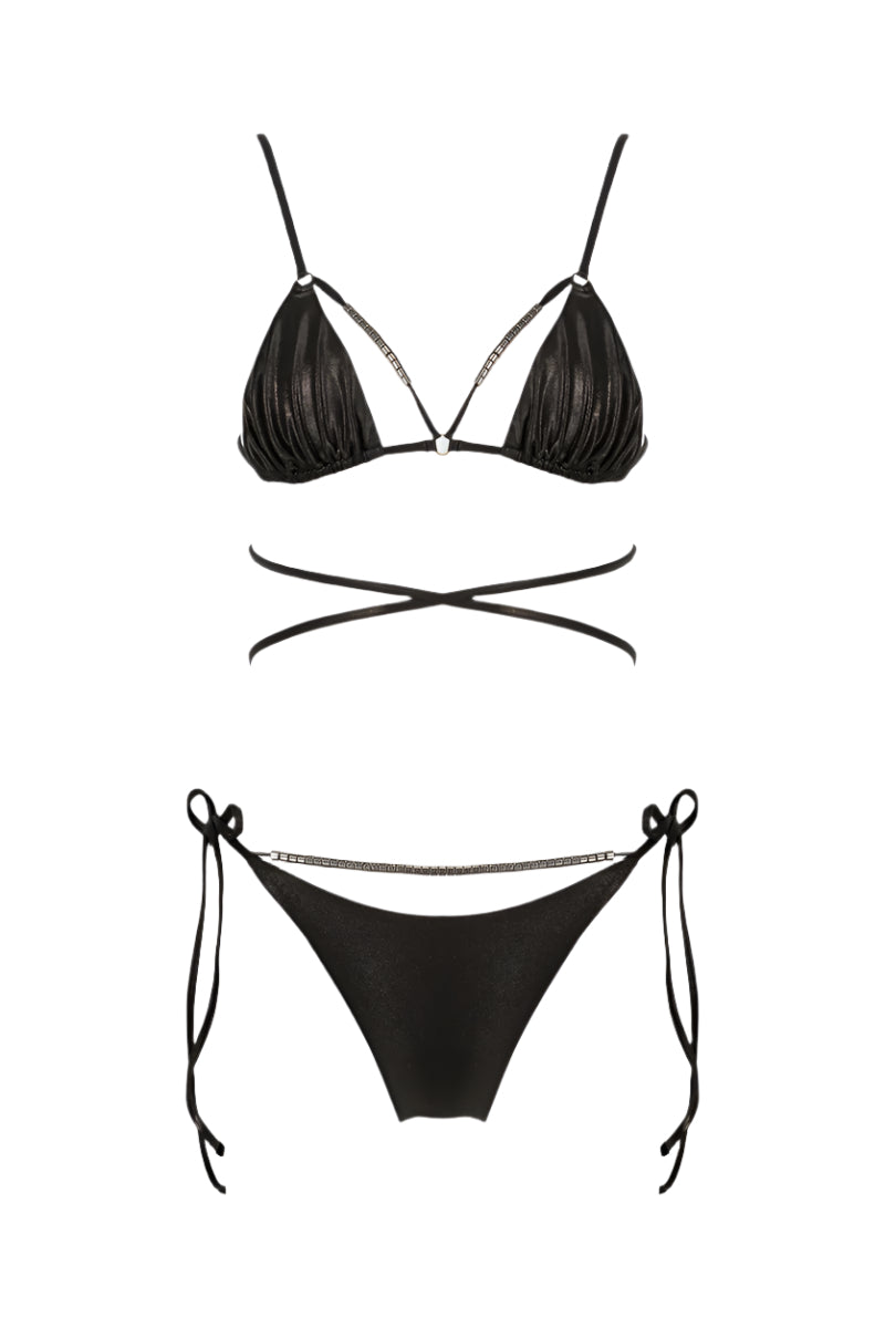 Black shiny Meri bikini set by Maliluha, featuring a stylish two-piece design with adjustable straps and minimal coverage.
