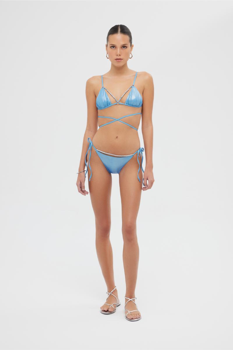 Shiny blue Meri bikini set by Maliluha featuring a two-piece design with adjustable straps and matching bottom.