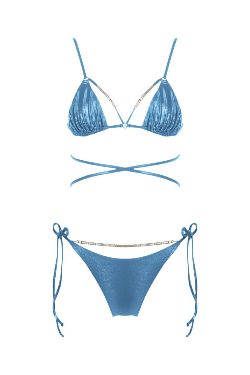 Shiny blue Meri bikini set by Maliluha featuring a stylish two-piece swimwear with a halter top and matching bottoms.