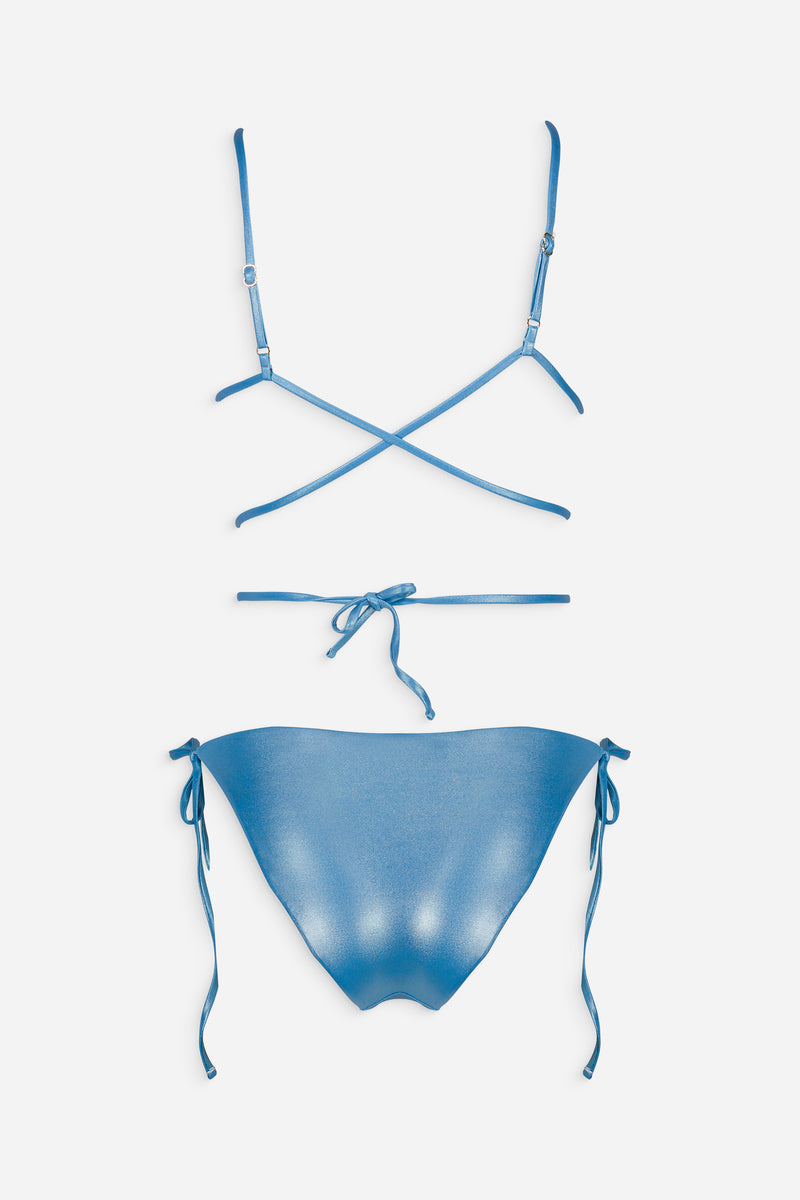Shiny blue Meri bikini set by Maliluha featuring a classic bikini top and bottom on a clean background
