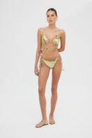 Maliluha Meri bikini set in shiny green print, featuring a stylish two-piece swimsuit with adjustable straps and vibrant pattern.