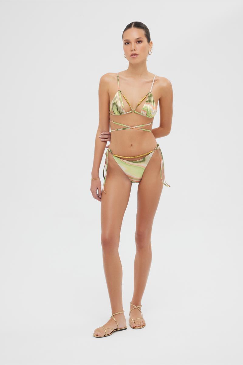 Maliluha Meri bikini set in shiny green print, featuring a stylish two-piece swimsuit with adjustable straps and vibrant pattern.