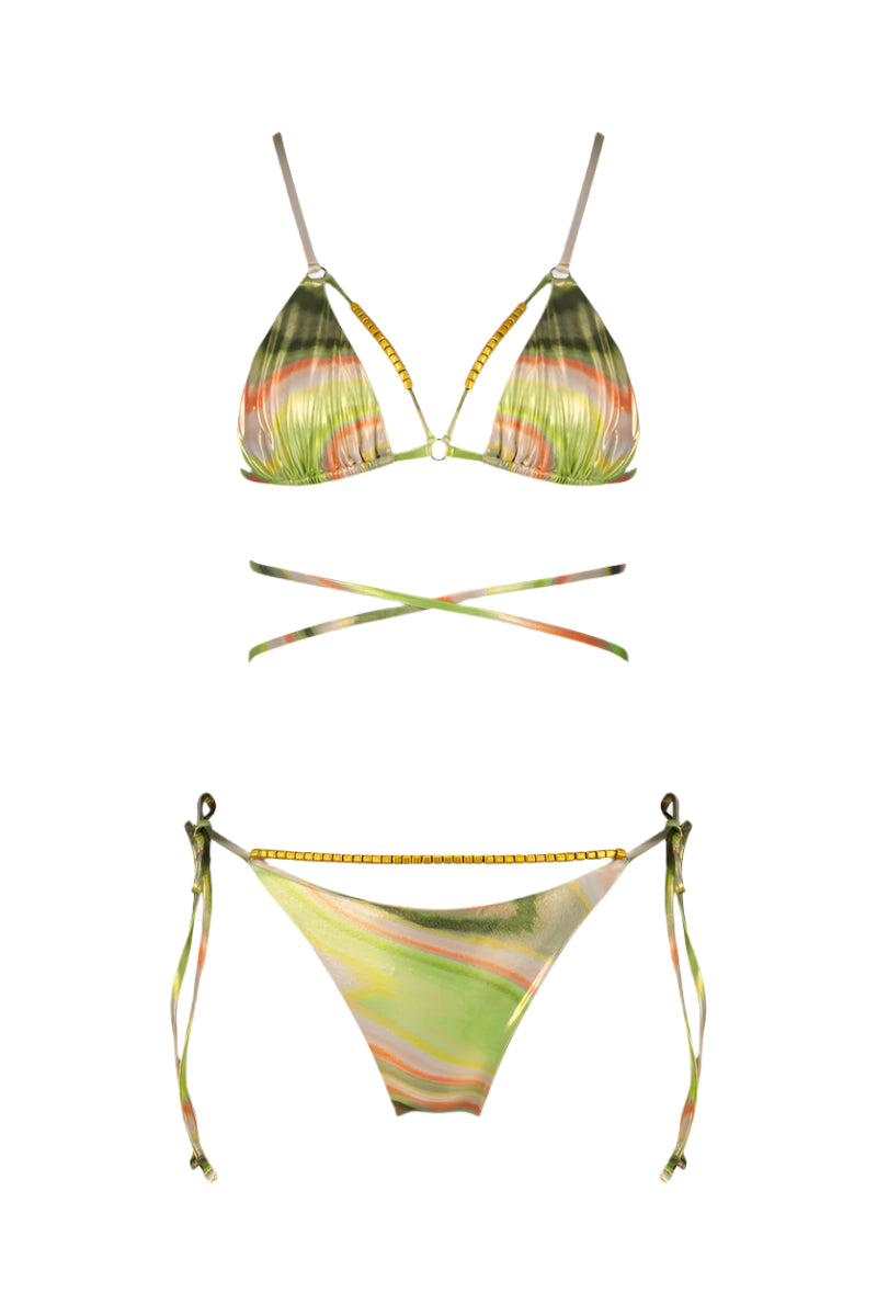 Maliluha Meri bikini set in shiny green print with adjustable straps and matching bottoms, perfect for summer beachwear.