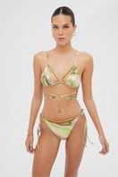 Maliluha Meri bikini set in shiny green print, featuring a stylish two-piece swimsuit with floral pattern and adjustable straps.