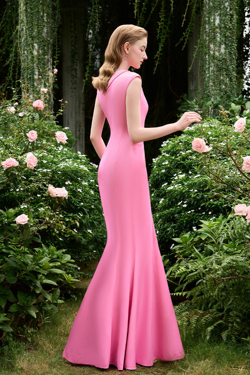 PINK MERMAID EVENING GOWN WITH BERTHA COLLAR - CULT MIA