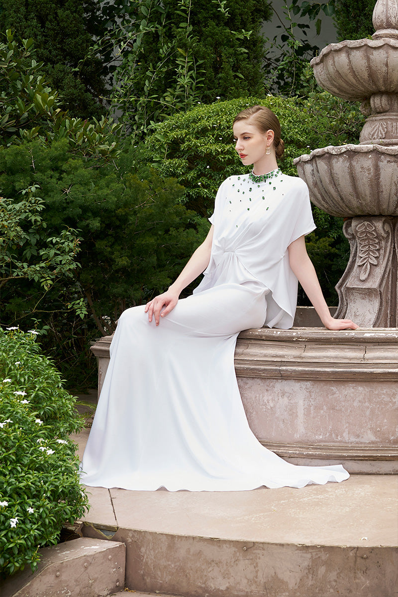 MERMAID GOWN WITH HIGH NECK AND GATHERED WAISTLINE - CULT MIA