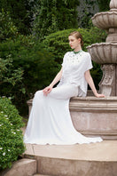 Elegant I.H.F mermaid evening gown with high neckline and gathered waistline, form-fitting dress for formal occasions.
