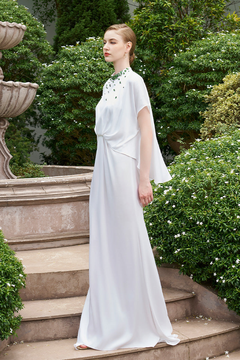 Elegant I.H.F mermaid gown with high neckline and gathered waist, showcasing a sleek, fitted silhouette for formal occasions.