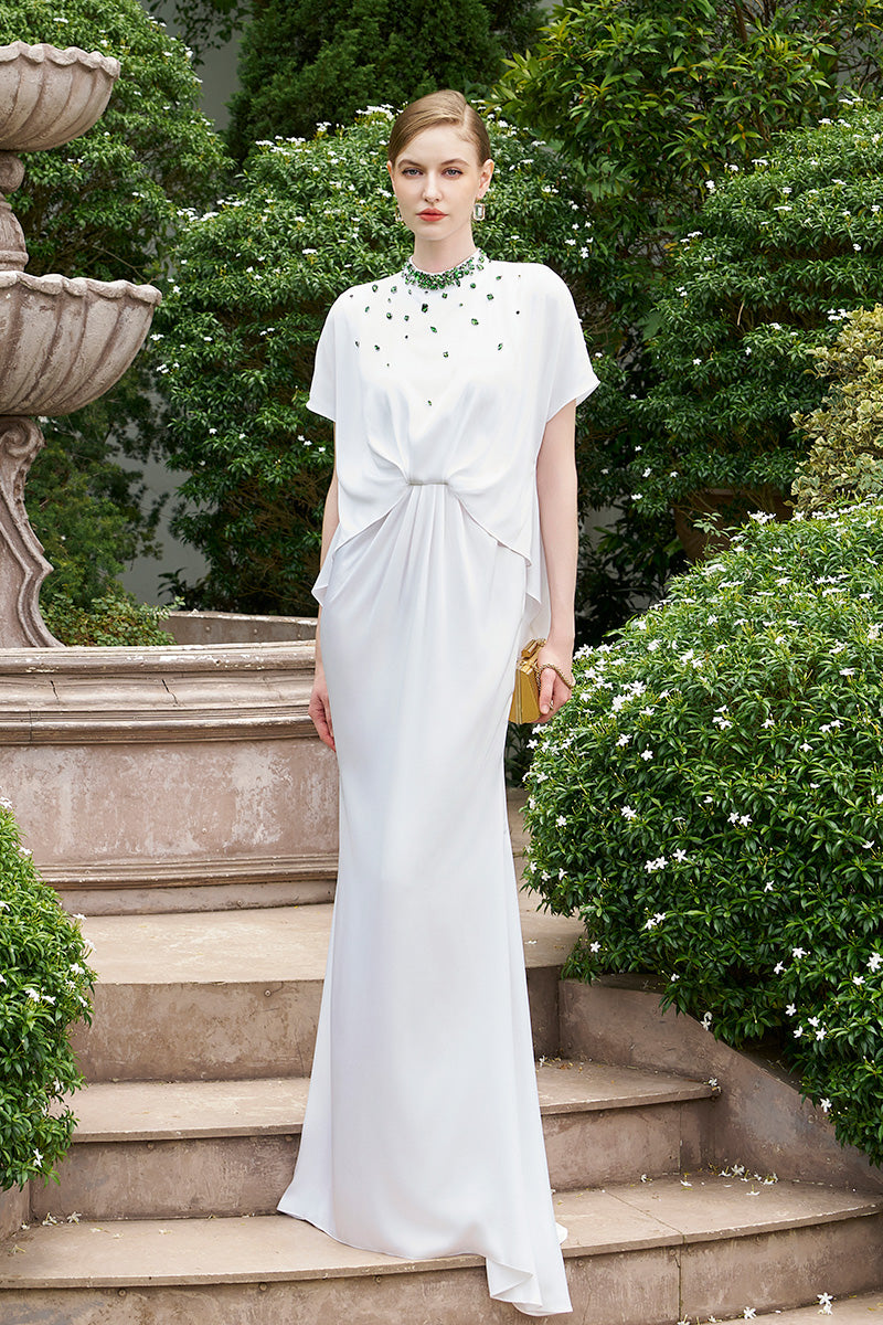 MERMAID GOWN WITH HIGH NECK AND GATHERED WAISTLINE - CULT MIA