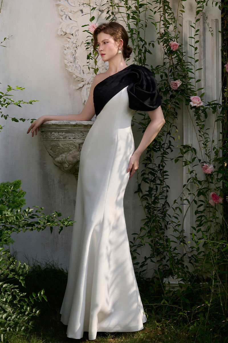 MERMAID EVENING GOWN WITH ONE SHOULDER AND DRAPED DETAIL - CULT MIA
