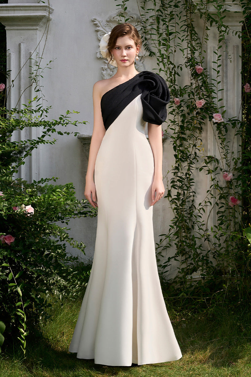 MERMAID EVENING GOWN WITH ONE SHOULDER AND DRAPED DETAIL - CULT MIA