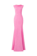 Pink mermaid evening gown with a bertha collar and sleeveless design by I.H.F, featuring elegant flowing fabric and fitted silhouette.