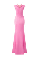 Pink mermaid evening gown with a Bertha collar and sleeveless design by I.H.F, showcased on a model.