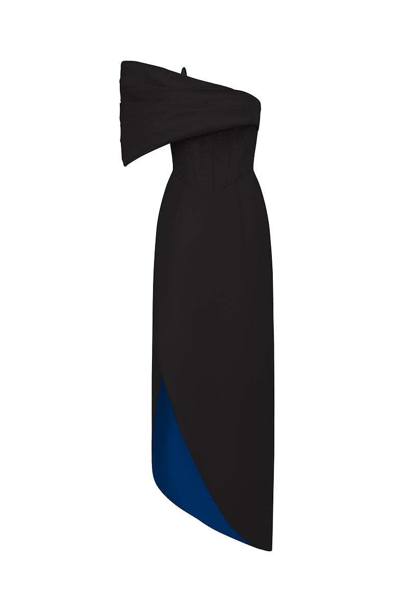 BLACK MERMAID GOWN WITH DRAPED DETAIL AND MULLET WRAP BOTTOM - CULT MIA